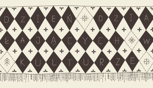grafika beżowa i brązowa - wyszywana makatka. Napis" dzień Działajacych w Kulturze