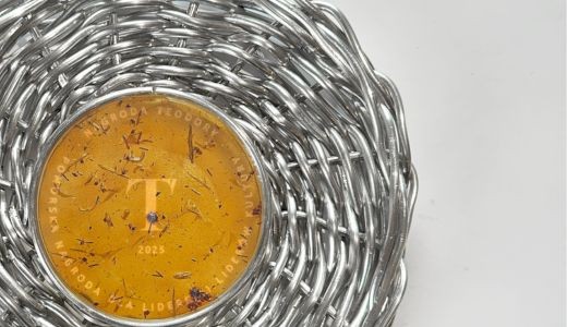zdjęcie fragmentu statuetki Nagrody Teodory, pleciony jak koszyk wiklinowy metalowy wieniec, w środku plakieta bursztynowa z bioplastiku, wygrawerowane "t"