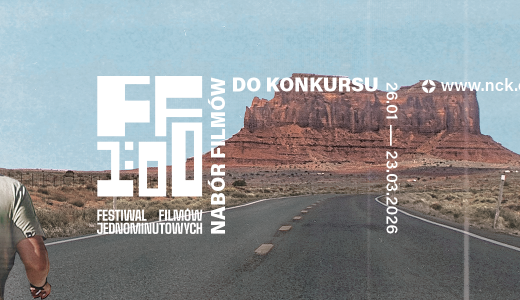 kadr z filmu. Mężczyzna biegnie pustą szosą, na horyzoncie skała. Na [is "Festiwal Filmów Jednoinutowych, FF1:00"