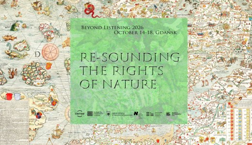 zielony trójkąt na tle - dawna mapa. Napis Re-sounding the rights of nature