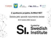 Grafika promująca „2 spotkanie projektu ArtWell NET” z hasłem „Sztuka jako sposób rozumienia świata”. Wydarzenie odbędzie się 20–21 kwietnia 2026 roku w Szczecinie. U góry widoczne logotypy partnerów projektu, m.in. Sunderby folkhögskola, West Pomerania, Region Norrbotten i NDPHS. Na dole informacja o finansowaniu przez Swedish Institute wraz z jego logo. Tło jasne, z delikatnym motywem sieci po bokach.