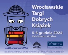 niebieska grafika, postać kreskówkowa z wrocławską halą targową jako czapką na głowie, napis "wrocławskie targi dobrych książek" 5-8 grudnia 2024