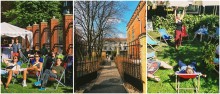 kolaż zdjęć, widok przez otwartą bramę na teren zielony przy NCK Ratuszu Staromiejskim i dwa zdjęcia z ludźmi na leżakach na terenach wokół Ratusza Staromiejskiego i Centrum św. Jana 0 obiektach NCK Gdańsk