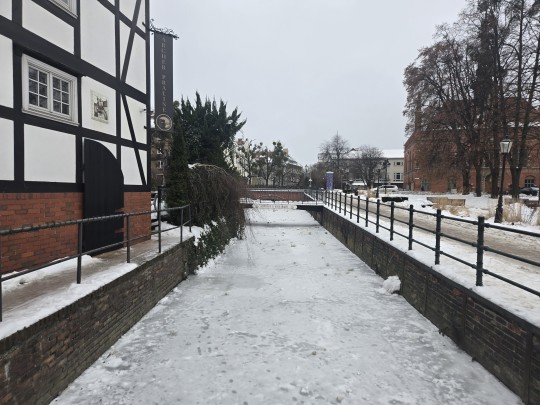 zimowy krajobraz okolice starego miasta w Gdańsku zamarznięty kanał Raduni