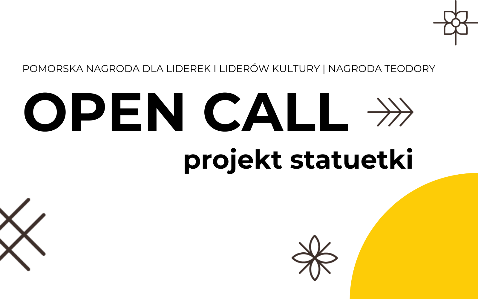 biała grafika, czarny napis "open call projekt statuetki" żółty fragment koła