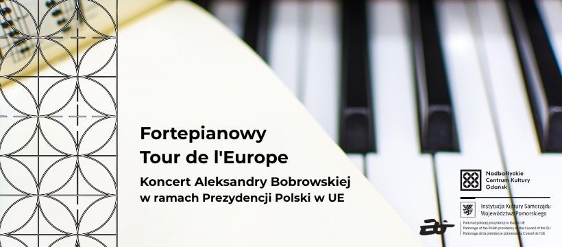 grafika do koncertu, na niej klawisze fortepianu, książka z nutami
