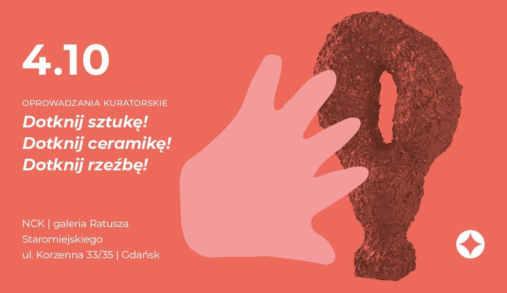 grafika w kolorze ciemnoróżowym z nazwą wydarzenia, datą, a po prawej stronie jest jedna rzeźba i graficznie przedstawiona ręka