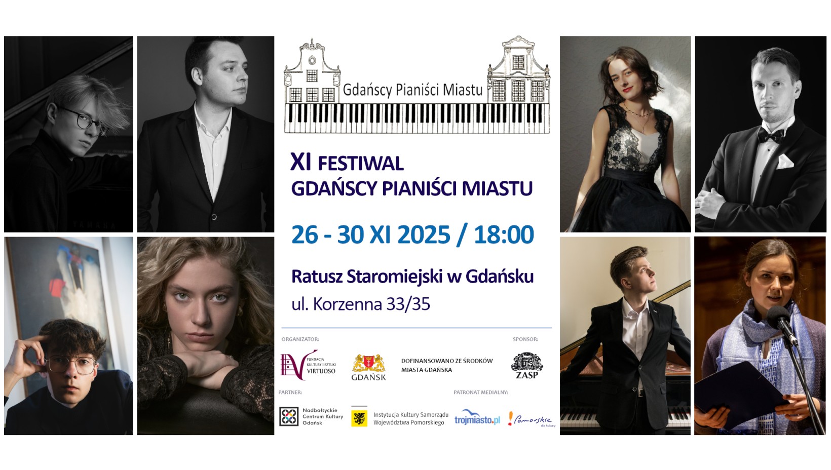 baner do wydarzenia. na środku, na białym tle napisana nazwa wydarzenia i godzina, po prawej i po lewej stronie zdjęcia pianistów, którzy wystąpią
