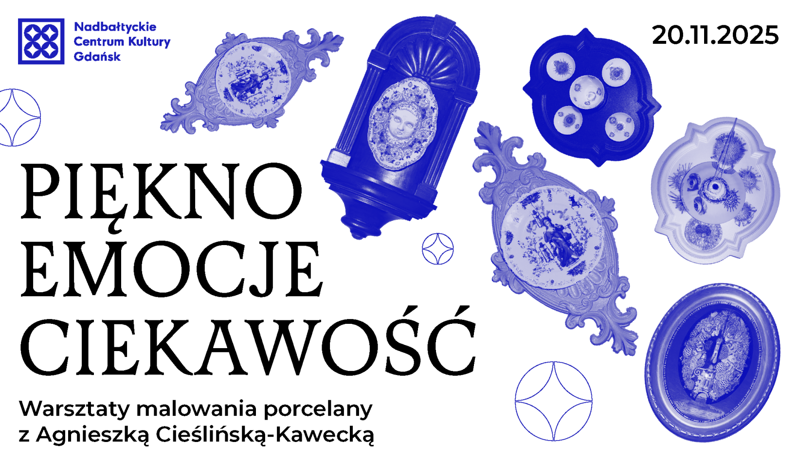 grafika do wydarzenia na stronę, z nazwą warsztatu i zabytkowymi przedmiotami i porcelaną, które będą na wystawie