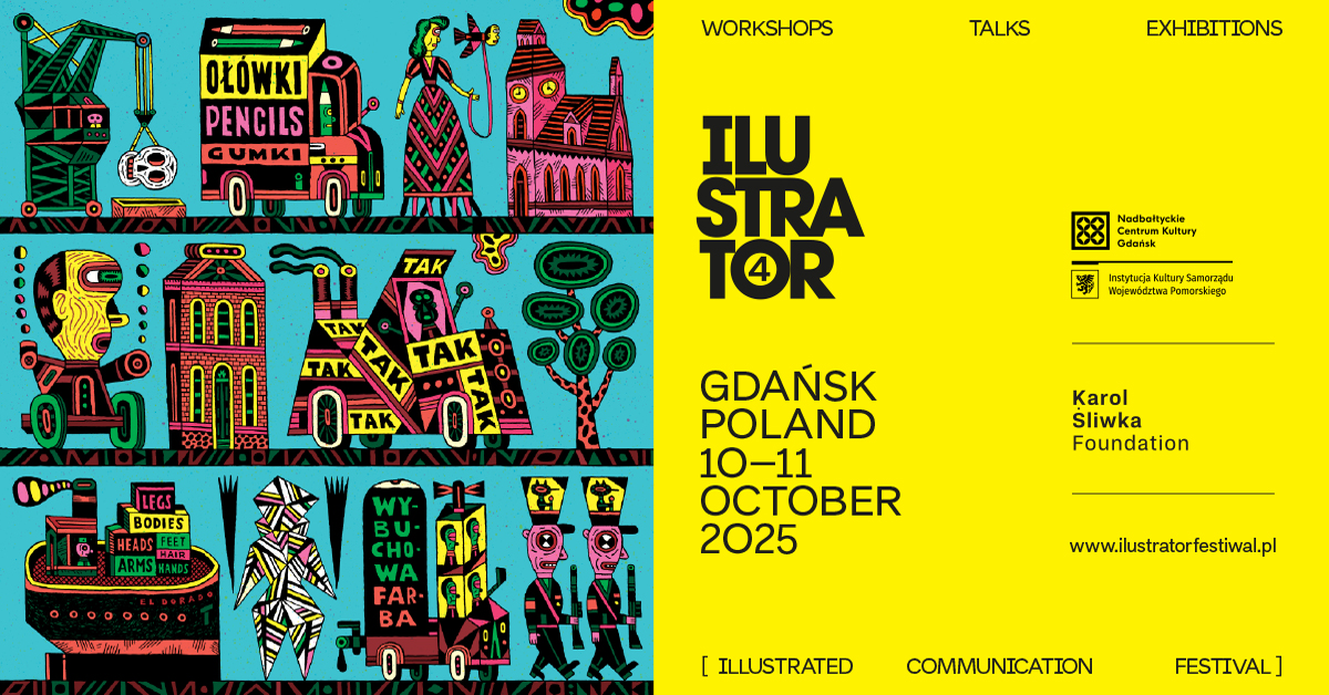 grafika do wydarzenia, po prawej stronie żółte tło, nazwa festiwalu, partnerzy, organizatorzy. a po lewej stronie ilustracje 