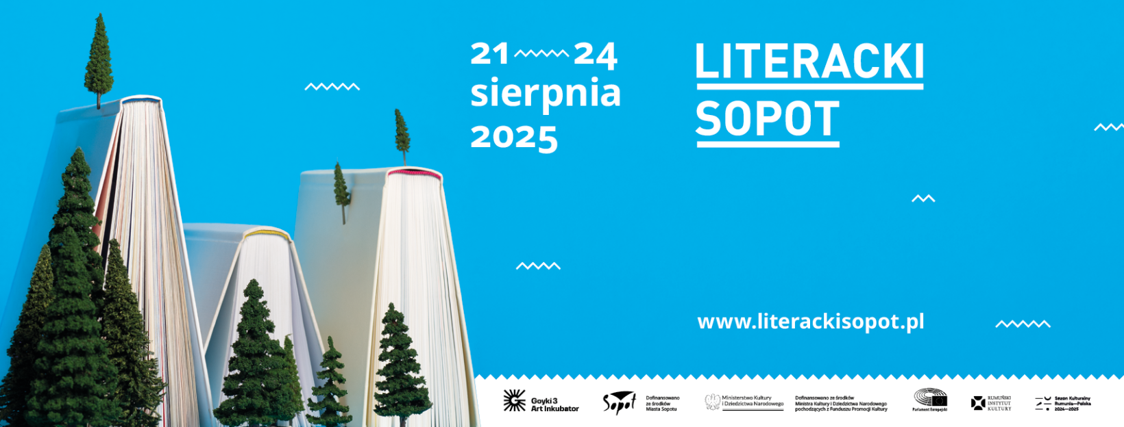 grafika do festiwalu Literacki Sopot 2025 — data: 21–24 sierpnia, tło niebieskie, książki jako góry z drzewami, adres www.literackisopot.pl