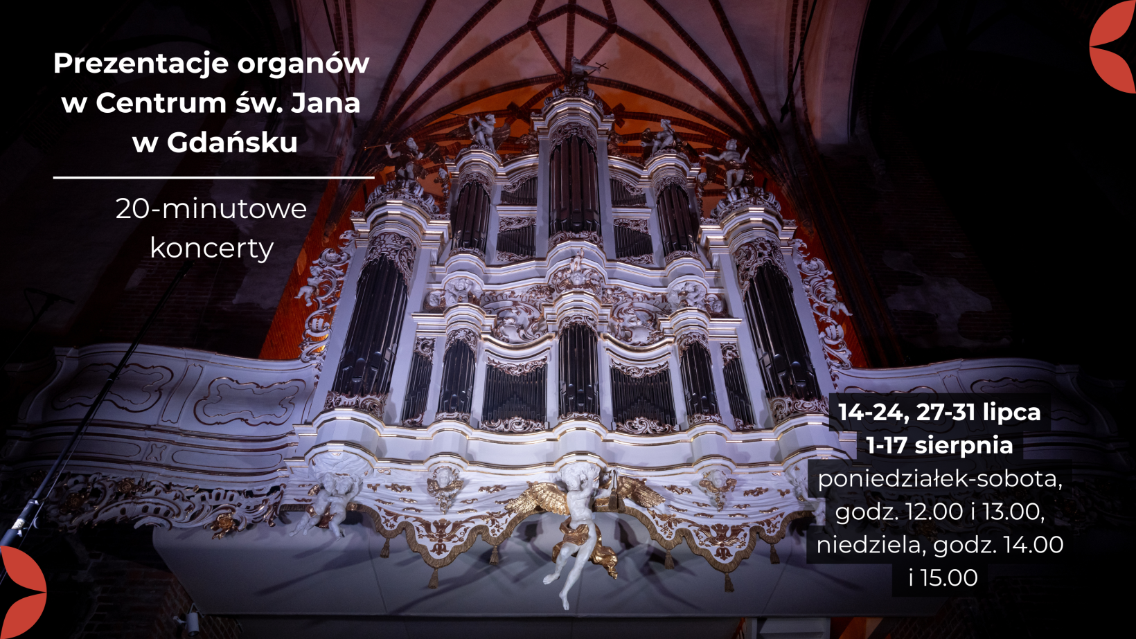 zdjęcie organów + napisy o nazwie wydarzenia, daty, godziny, motywy dekoracyjne nck