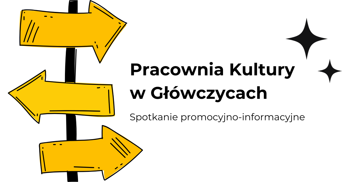 grafika z nazwą spotkania, po lewej stronie graficzne przedstawienie drogowskazów (trzy strzałki w kolorze żółtym)