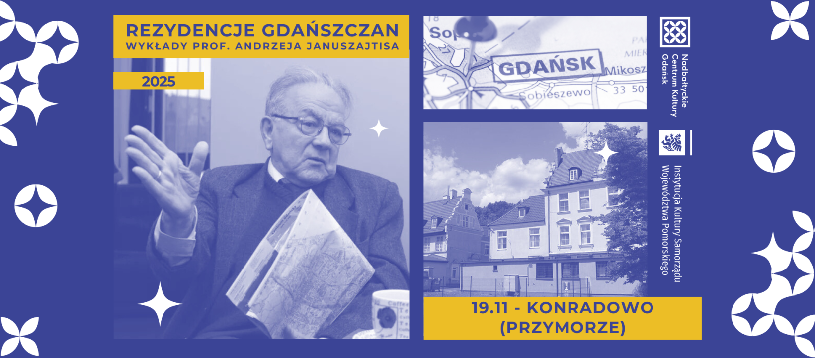 grafika do wydarzenia ze zdjęciem prof. Januszajtisa, wycinkiem mapy Gdańska, rezydencją, na niebieskim tle z żółtymi elementami