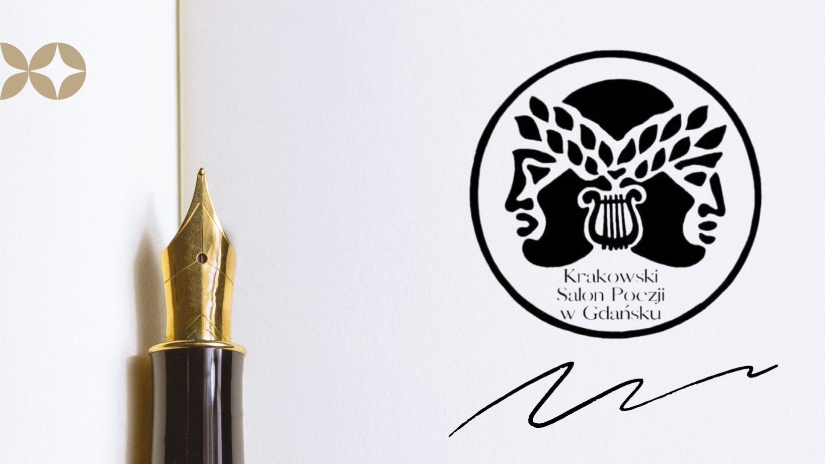 Zdjęcie przedstawiające kartkę notesu z leżącym na niej piórem wiecznym, w górnym prawym rogu znajduje się logo Krakowskiego Salonu Poezji w Gdańsku