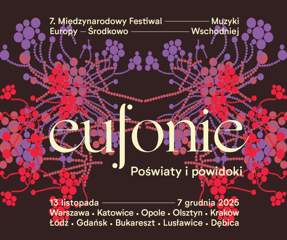 abstrakcyjna ciemna grafika, motywy roślinne, czerwone i fioletowe, napis: eufonie