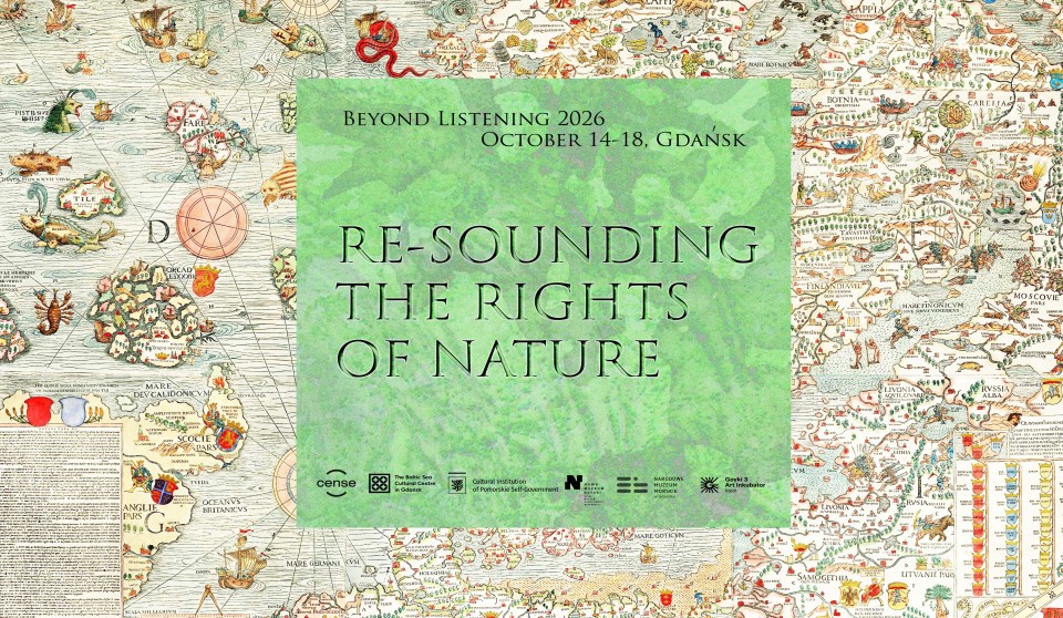 zielony trójkąt na tle - dawna mapa. Napis Re-sounding the rights of nature