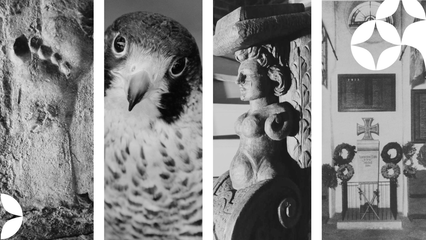 kolaż 4 zdjęci pionowych, odcisk stopy, pustułka, fragment balustrady i zdjęcie archiwalne pamiątkowej tablicy