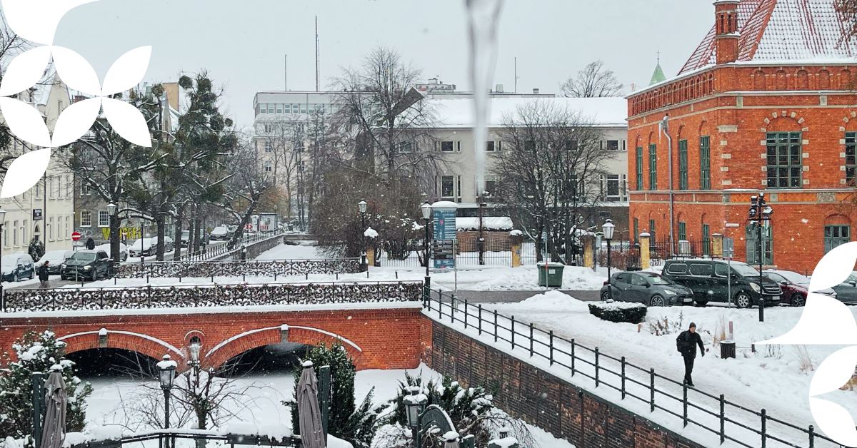 zdjęcie zimowej aury na straym mieście w gdańsku. Widok na kanał Raduni, po prawej fragment Ratusza Staromiejskiego
