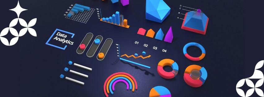 granatowe tło, na nim grafiki 3d wykresów, słupki, piramidy, koła, linie