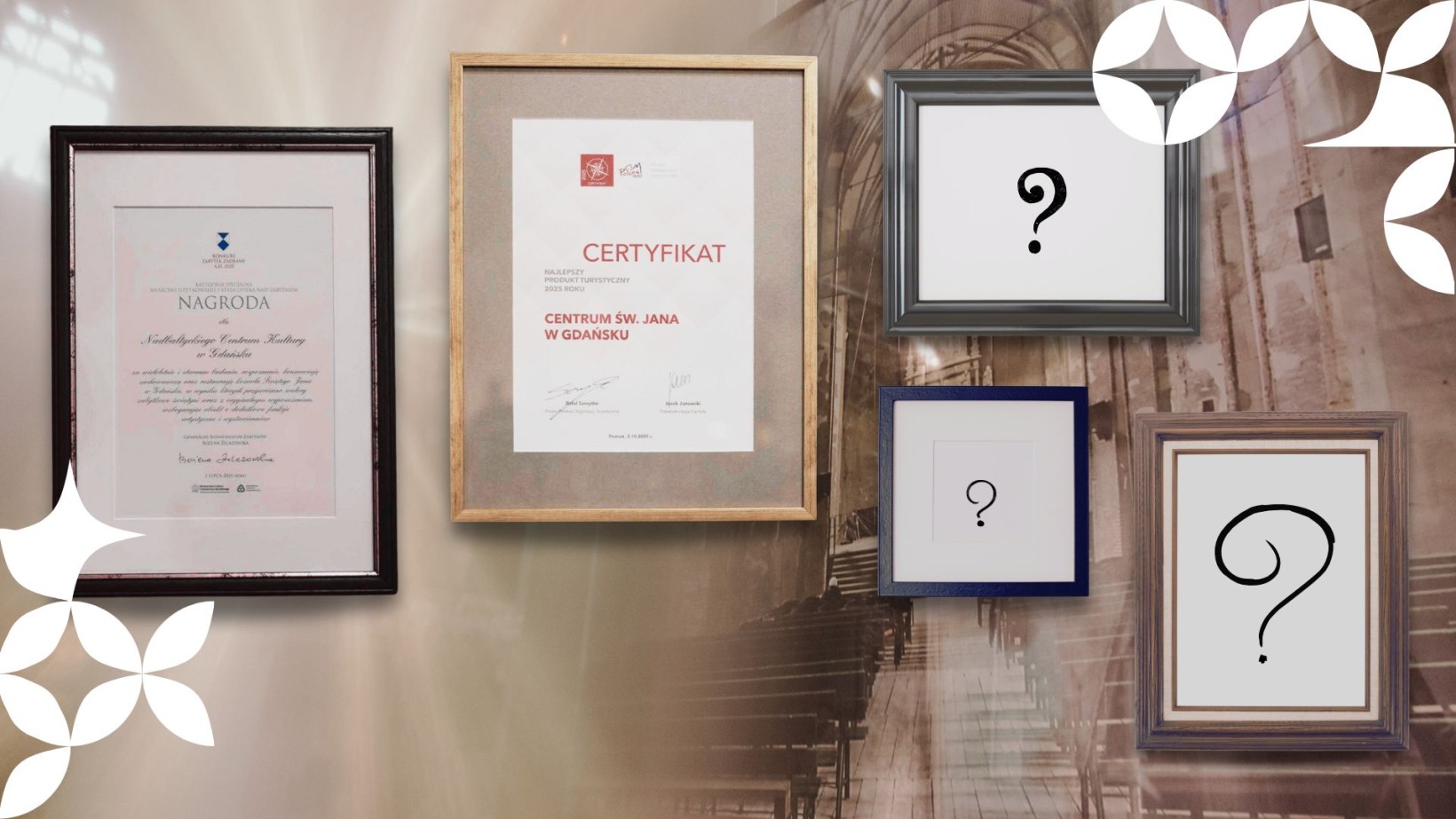 zdjęcie 5-ciu ramek na zdjecia, dwie wypełnione certyfikatem i nagrodą, 3 ze znakami zapytania