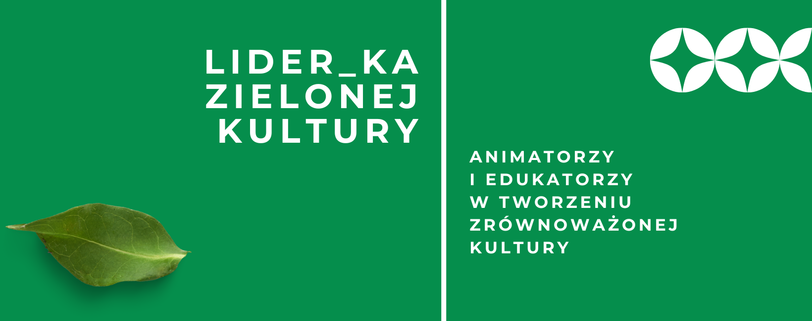 zielone tło, zdjęcie listka, napis "Lider_ka zielonej kultury. Animatorzy i edukatorzy w tworzeniu zrównoważonej kultury""
