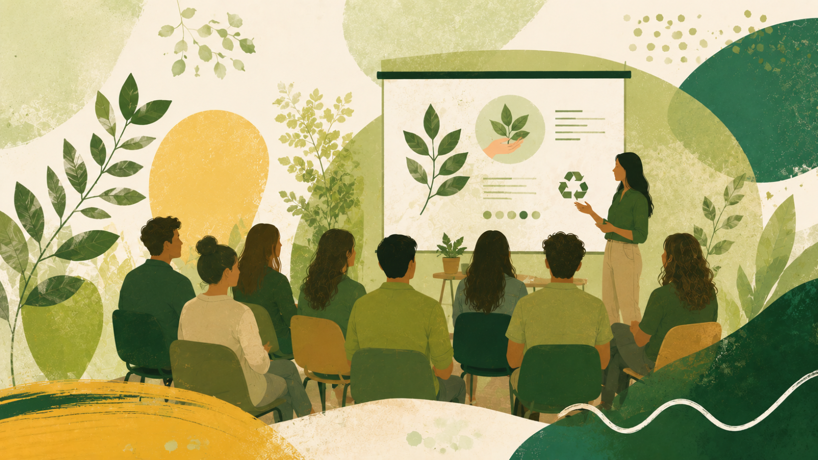 Ilustracja przedstawiająca ekologiczny wykład — grupa uczestników słucha prelegentki stojącej przy ekranie z motywami roślinnymi i symbolem recyklingu.