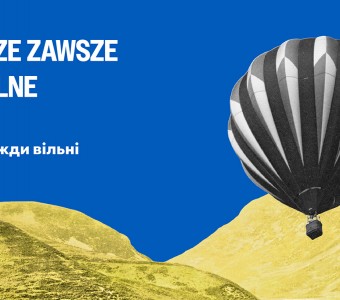 grafika kolaż żółte góry niebieskie niebo, szary balon