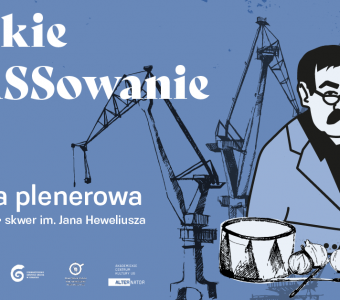 niebieska grafika, ilustracja mężczyzny z wąsem, w okularach, pali fajkę. w tle gdańskie żurawie