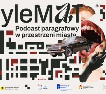 grafika internetowa, kolaż zdjęć, usta, samochó, dłoń, napis "dylemat podcast paragrafowy w przestrzeni miasta"