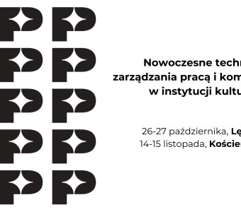 czarno-biała grafika, powilona litera "p", napis: nowoczesne techniki zarządzania pracą i komunikacją w instytucji kultury"