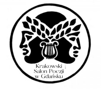 logo Krakowskiego Salonu Poezji, dwa antyczne profile złączone potylicami, na czołach wieńce laurowe