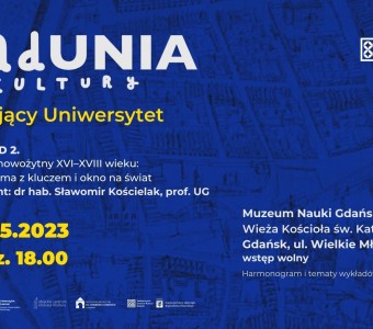 niebieskie logo. Napis "RadUNIA kultury. Latający Uniwersytet"