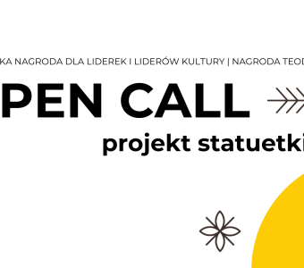 biała grafika, czarny napis "open call projekt statuetki" żółty fragment koła