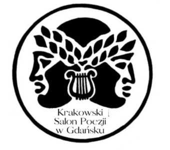 logo krakowskiego salonu poezji, czyli dwie połączone głowy w wieńcu, z harfą