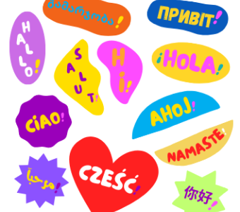 Grafika ozdobana. Słowo "cześć" w różnych językach. 
