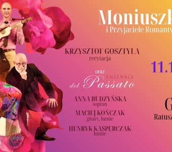 różowo żółta grafika, wizerunki tańczących ludzi, napis "Moniuszko 11.12.2025, godz. 19.00"