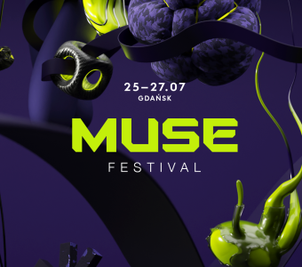 grafika w kwadracie, identyfikacja festiwalu muse: ciemny fiolet i żółto-zielony, na środku napis muse festival i data 