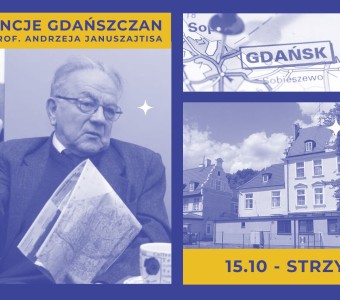 grafika ze zdjęciami (na nich profesor Januszajtis, przykładowa rezydencja w Gdańsku, fragment mapy Gdańska)