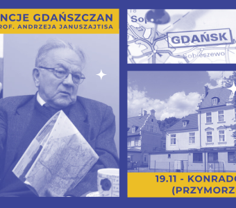 grafika do wydarzenia ze zdjęciem prof. Januszajtisa, wycinkiem mapy Gdańska, rezydencją, na niebieskim tle z żółtymi elementami