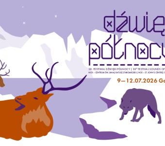 Grafika plakatu Dźwięków Północy 2026: na pierwszym planie widać leżące renifery, nad nimi napis "Dźwięki Północy"