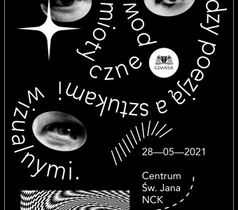 czarny plakat z czarno białymi fotografiami oczu oraz abstrakcyjny czarno biału wzór