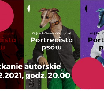 Poertrecista psów grafika zapowiadająca pis w garniturze i napis z informacją o spotkaniu autorskim