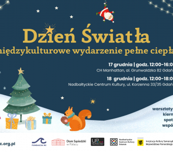 świąteczna grafika, zima, choinka, prezenty, lampki napis "dzień światła"