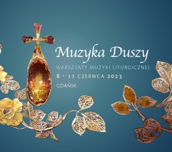 gałżaki kwiatów bursztynowych na niebieskim tle, napis "muzyka duszy" 9-11 czerwca 2023