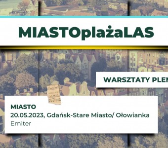 zdjęcie miasta z lotu ptaka, kamienice, parki. Napis "Miastoplażalas, warsztaty plenerowe"