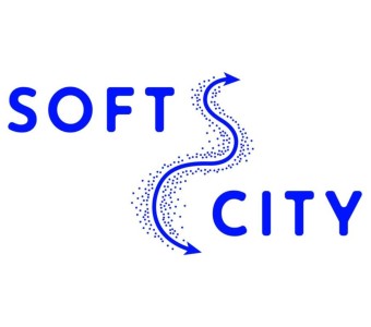 niebieska grafika, napis "soft city"