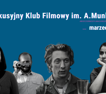 kolarz portretowych zdjęć, 4 aktorów, napis: dyskusyjny klub filmowy um. A. Munka marzec"