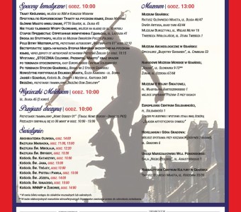 grafika w czerwonej ramce, harmonogram spotkań podczas Międzynarodowego Dnia Przewodnika Turystycznego w Gdańsku, 23.02.2025