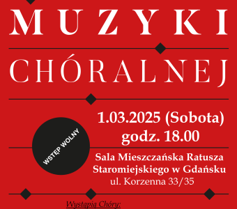 czerwony plakat, białe napisy, "koncert muzyki chóralnej